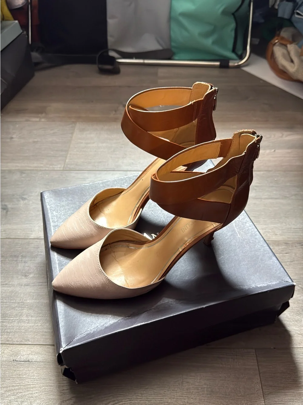 Enzo Angiolini Two-Tone Pointed Toe Ankle-Strap Heels - Brown & Blush